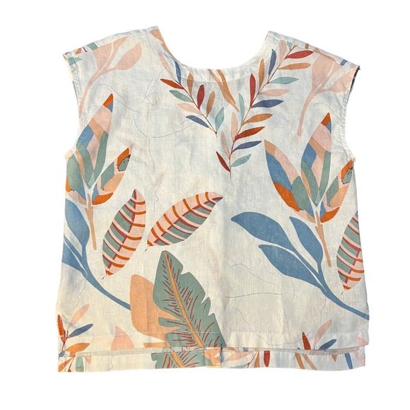 Cynthia Rowley Medium 100% Linen Botanical Leaf Feather‎ Shirt Button Back Boho - Picture 1 of 7